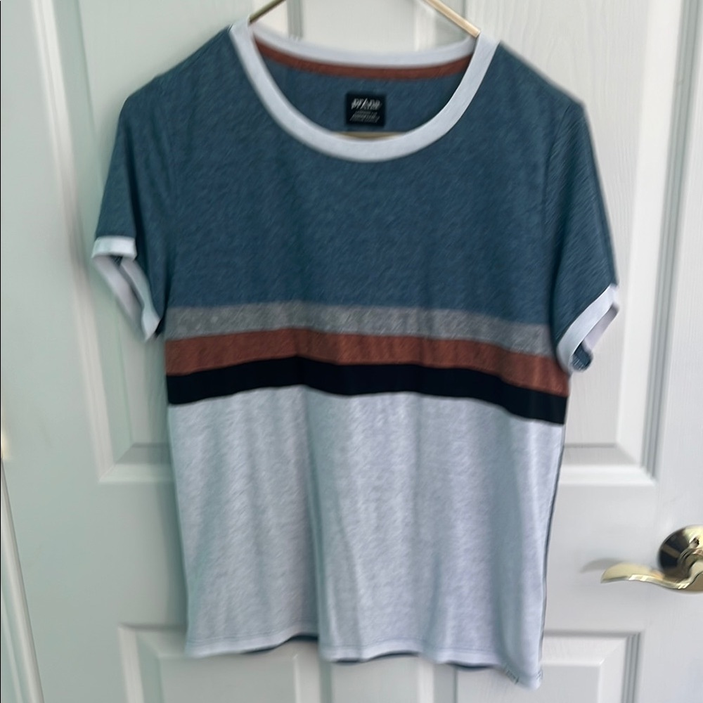 Prana Blue Knit Top with white and color stripes EUC